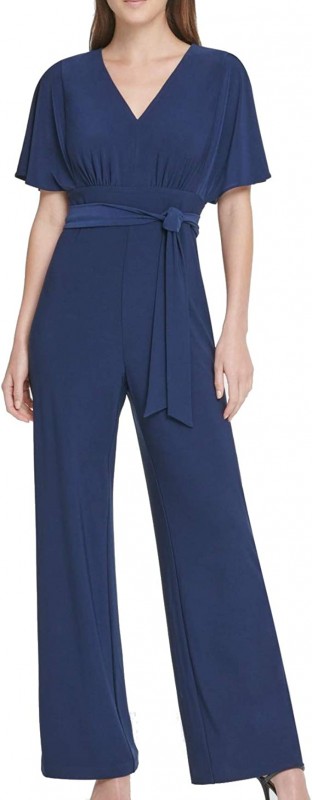DKNY Women's Navy Tie Solid Short Sleeve V Neck Wrap Boots Cut Work Jumpsuit Size 2